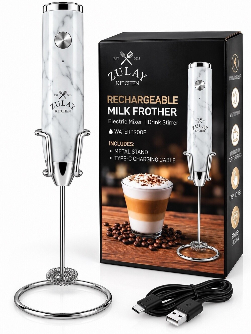 🤍 Zulay Kitchen Rechargeable Milk Frother – White Marble – Electric Mixer